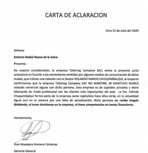 Carta Aclaratoria de la empresa Tailoring Company SAC