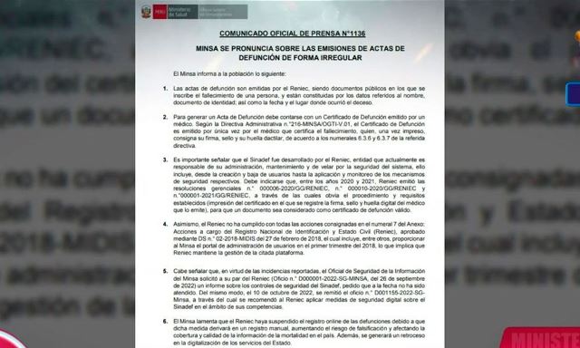 MINSA se pronuncia sobre las emisiones de Actas de DefunciÃ³n de forma irregular