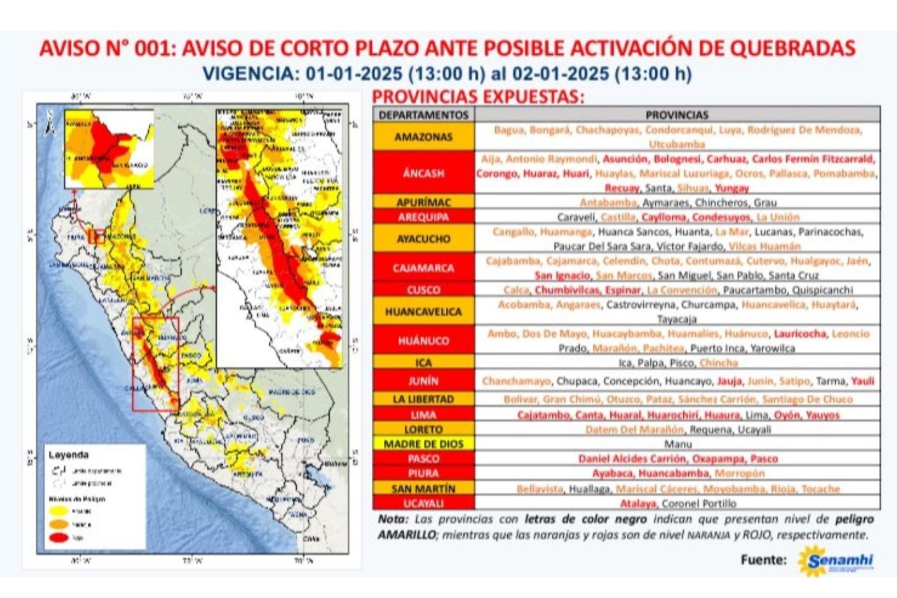 Diez regiones con «nivel rojo» de peligro ante posible activación de quebradas