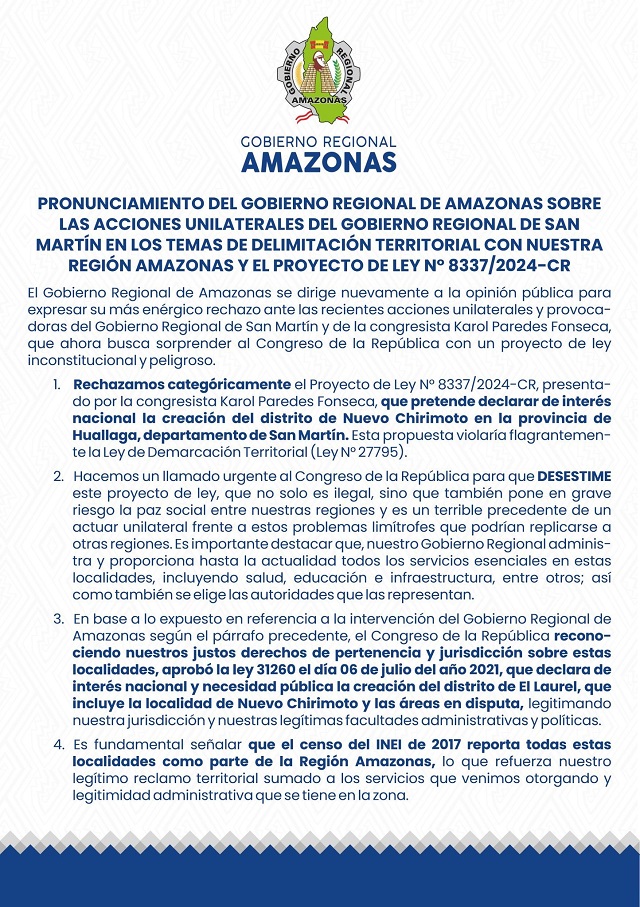 Gobierno Regional de Amazonas Expresa IndignaciÃ³n y Reitera Llamado a la Paz Social