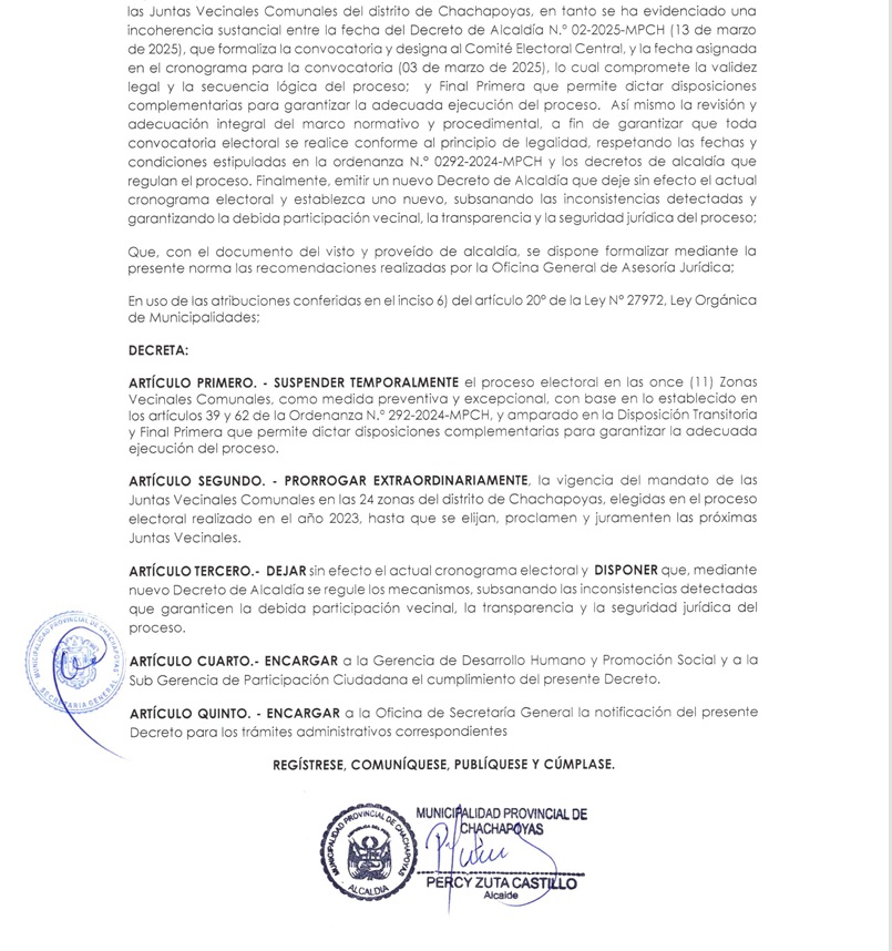 Chachapoyas: Alcaldía suspende elecciones de juntas vecinales y pobladores celebran decisión