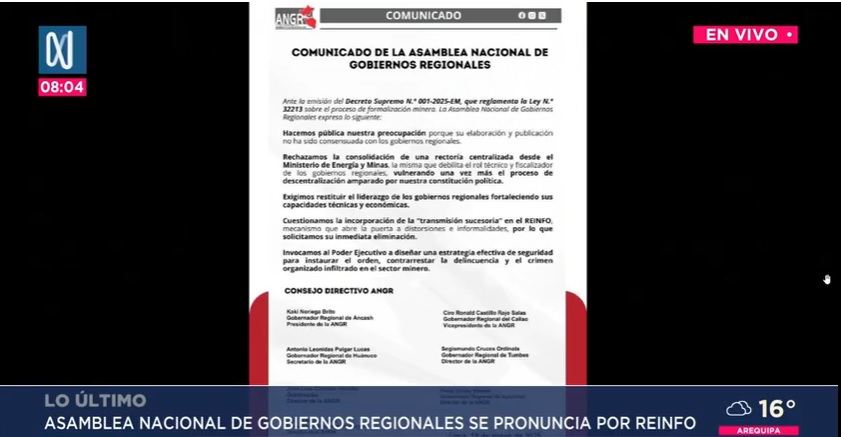 Gobiernos regionales rechazan herencia del REINFO