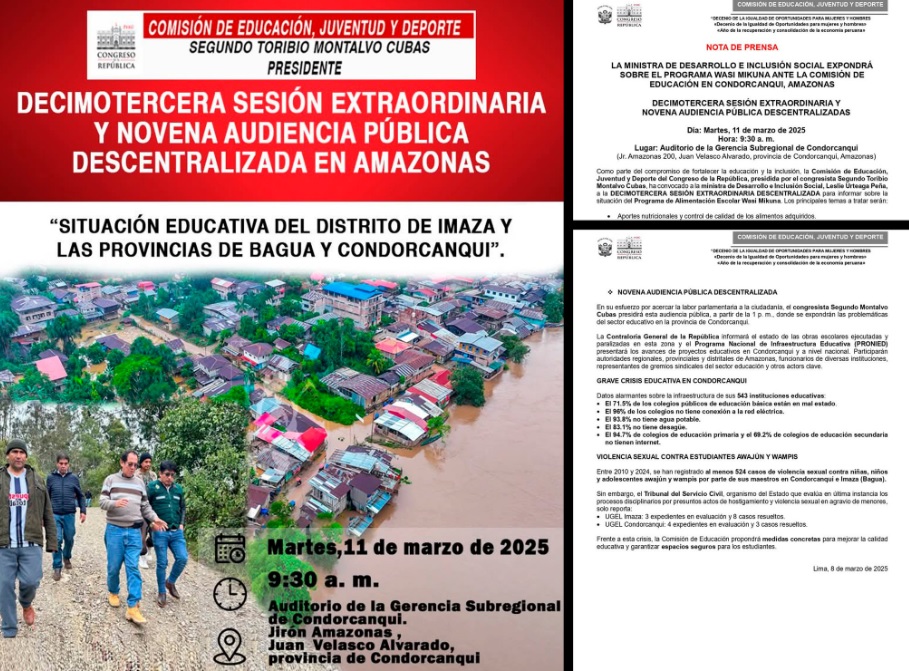 Condorcanqui: La Comisión de Educación realizará Sesión y Audiencia Pública hoy martes 11 de marzo