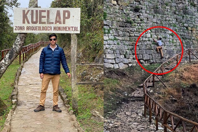 Turista trepa muros del monumento arqueológico de Kuélap